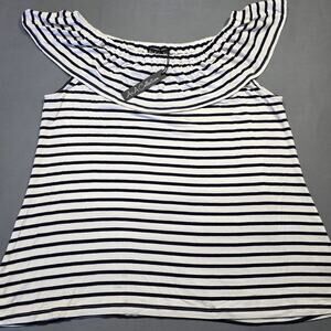 A+A Collection White Navy Stripe Shirt Ruffle Scoop Cap Sleeves NEW Women Size S